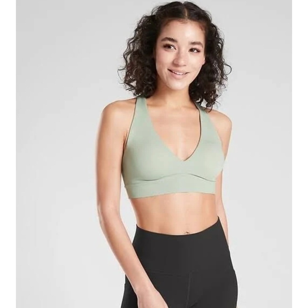 Athleta Yin Bra Opal Green V-Neck Racerback Low Impact Studio Yoga 34D/DD